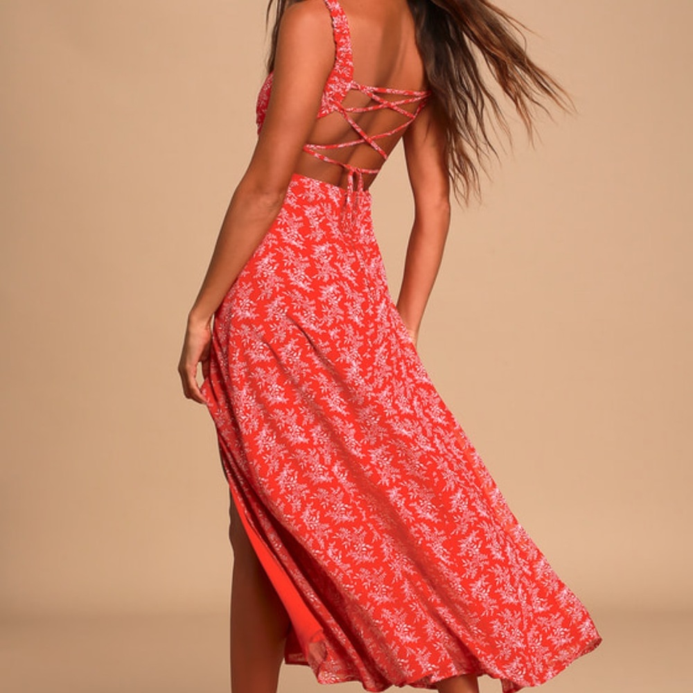 Back to Backless Red Print Lace-Up Backless Dress